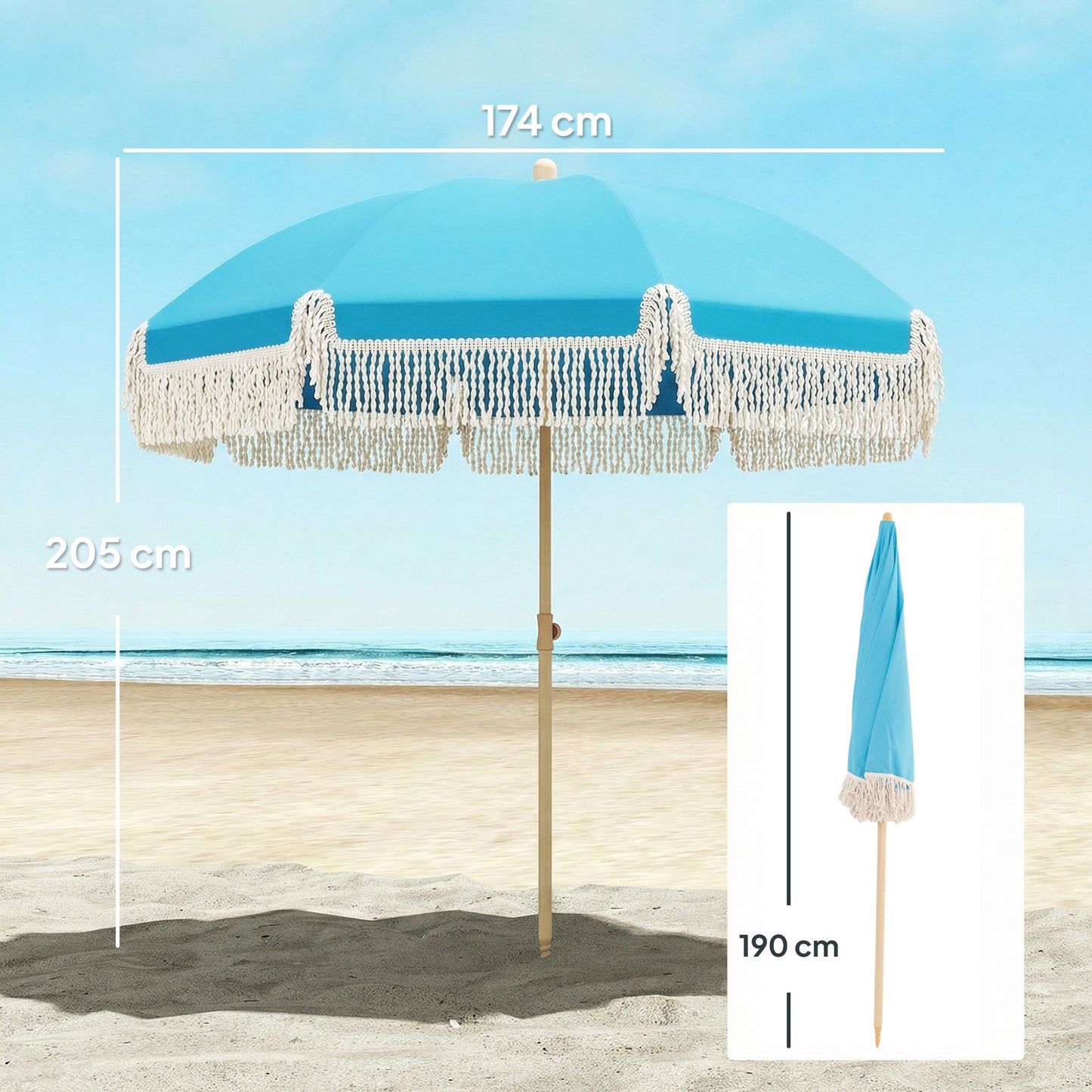 Outsunny 1.7M Beach Umbrella With Sand Anchor 30 Degree Tilting Fringed Beach Garden Parasol Adjustable Height Grey
