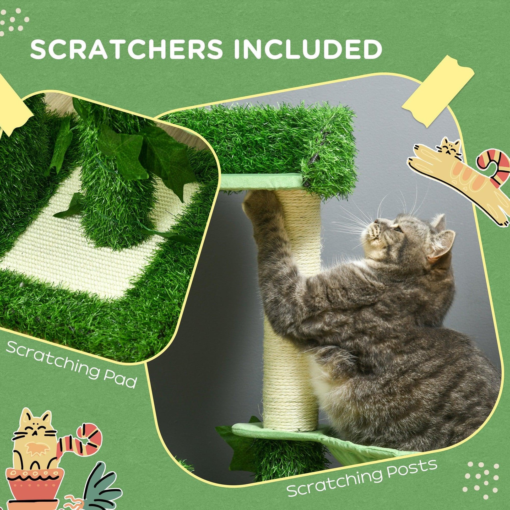 PawHut Cat Tree with Green Leaves, Scratching Posts, Perch Hammock - ALL4U RETAILER LTD