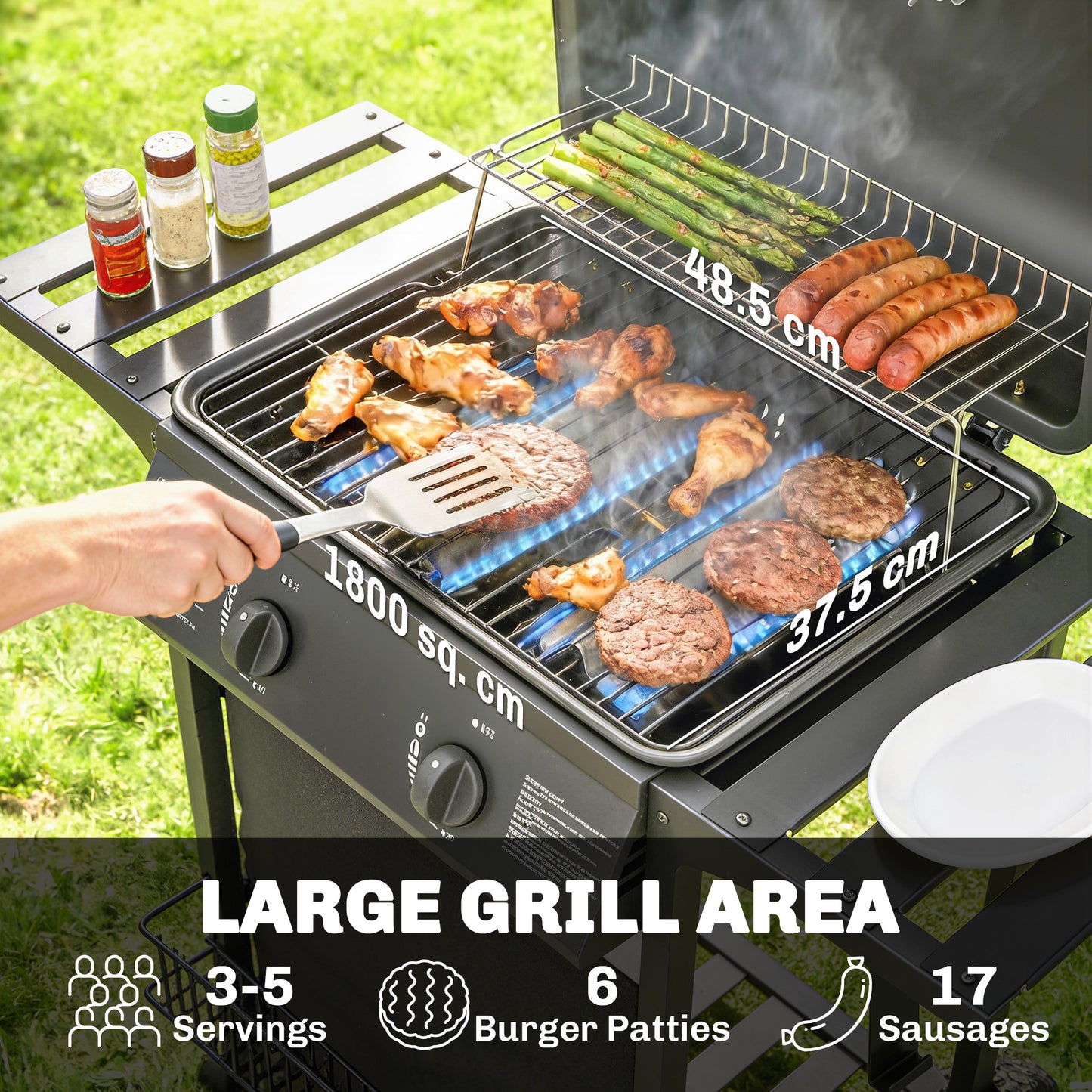 Outsunny Two Burner Gas Grill With Side Tables Warming Rack Thermometer Grease Tray Black