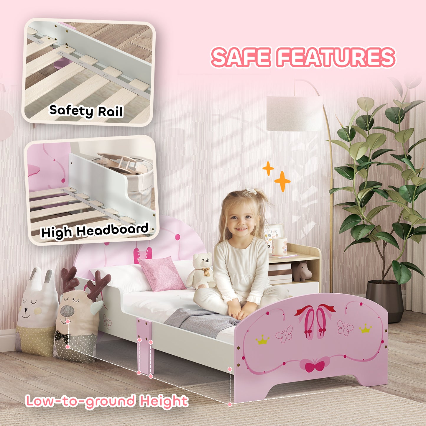 AIYAPLAY Kids Bed With Safety Rails Clothes Rail Full Length Mirror 3 Piece Pink Bedroom Furniture Set