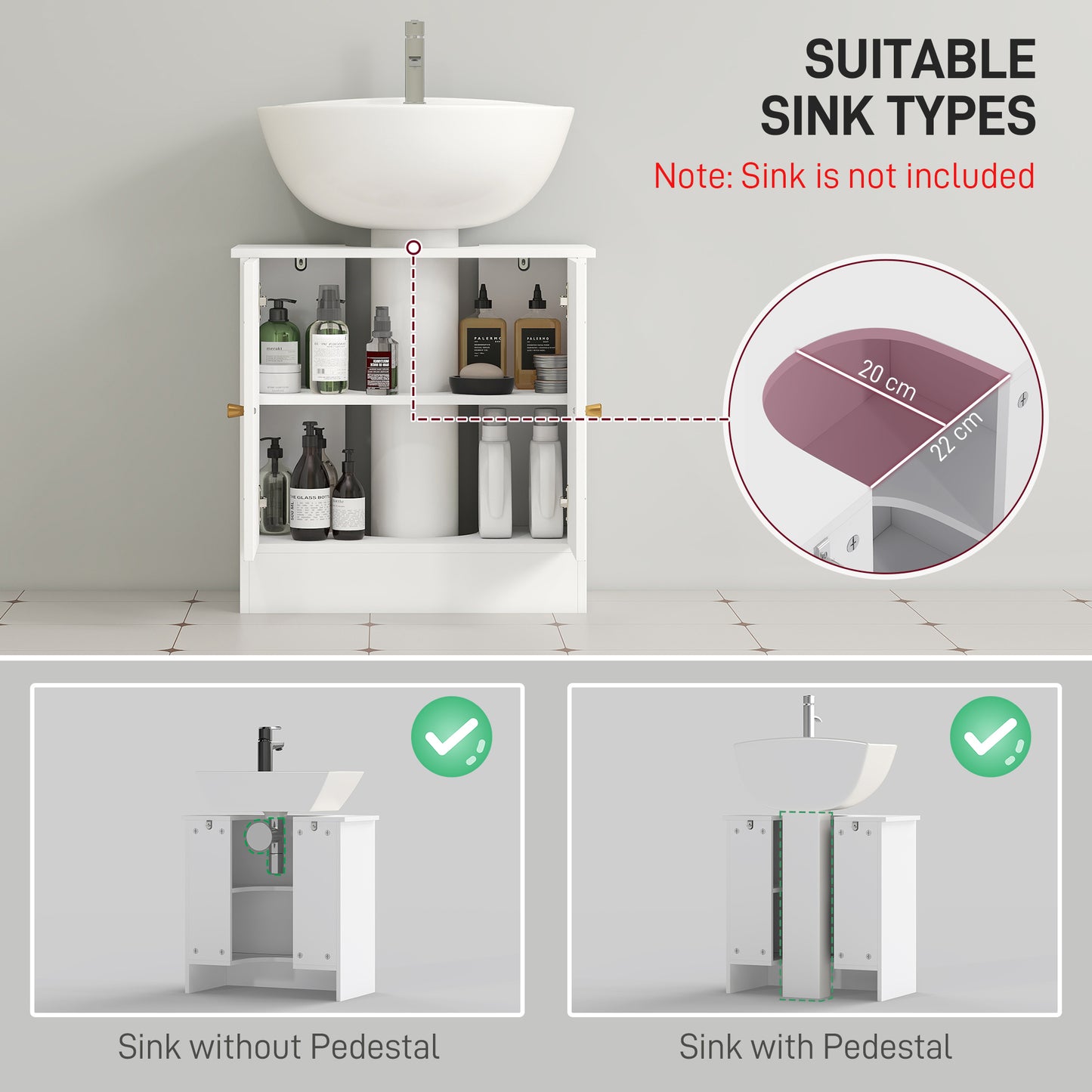 HOMCOM Under Sink Bathroom Cabinet With Adjustable Shelf And Open Compartments For Basins 60x30x60cm White