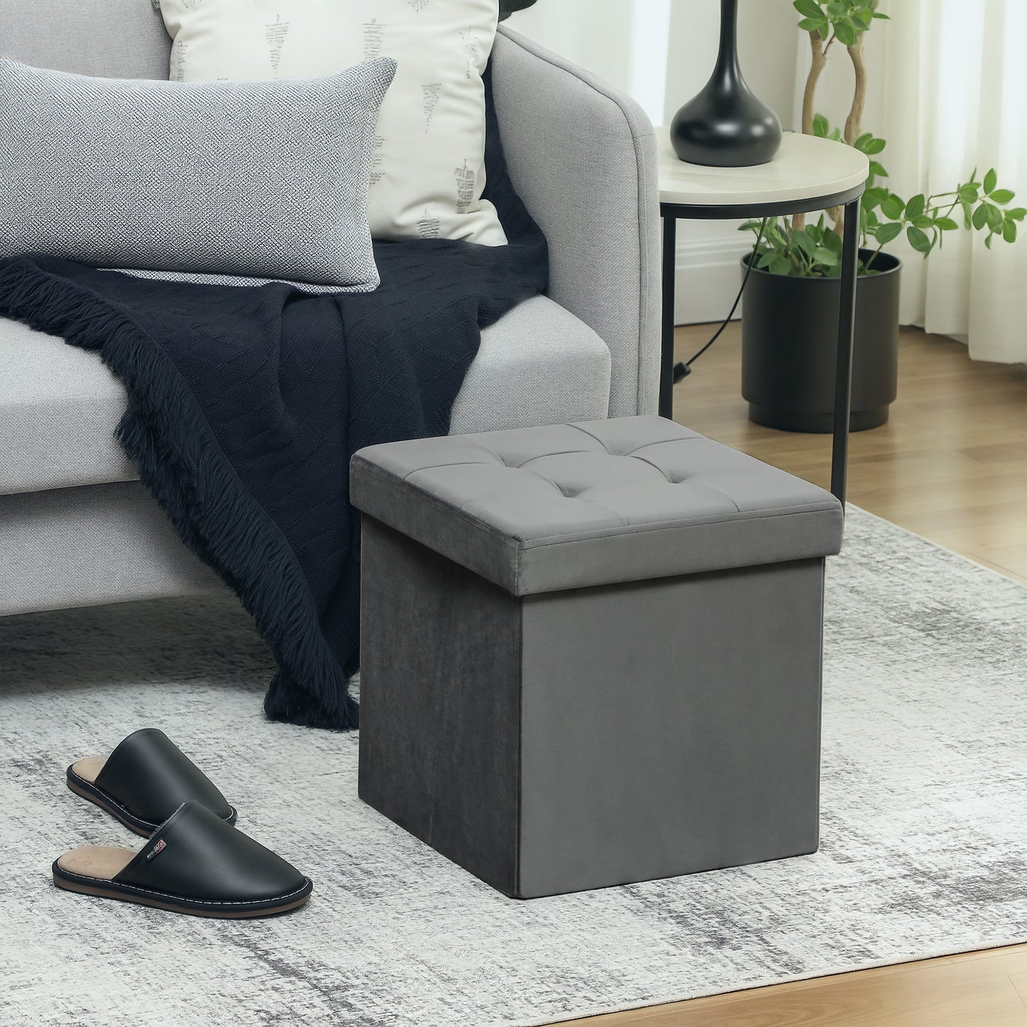HOMCOM Foldable Velvet Feel Storage Ottoman Grey With High Density Foam And Hidden Space Saving Storage Box