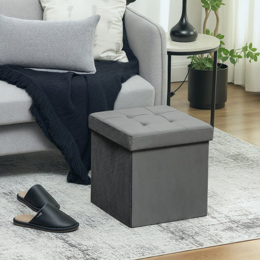 HOMCOM Foldable Velvet Feel Storage Ottoman Grey With High Density Foam And Hidden Space Saving Storage Box