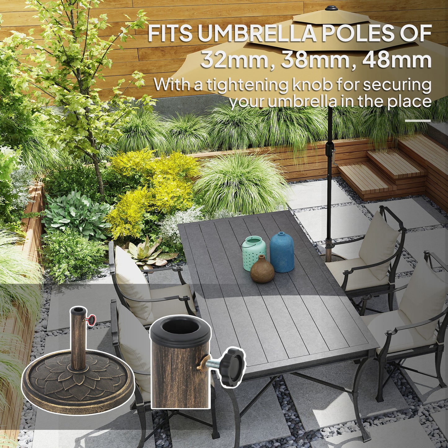 Outsunny 12kg Resin Garden Parasol Base Round Umbrella Stand Heavy Duty for 32 38 48 mm Poles Bronze Tone