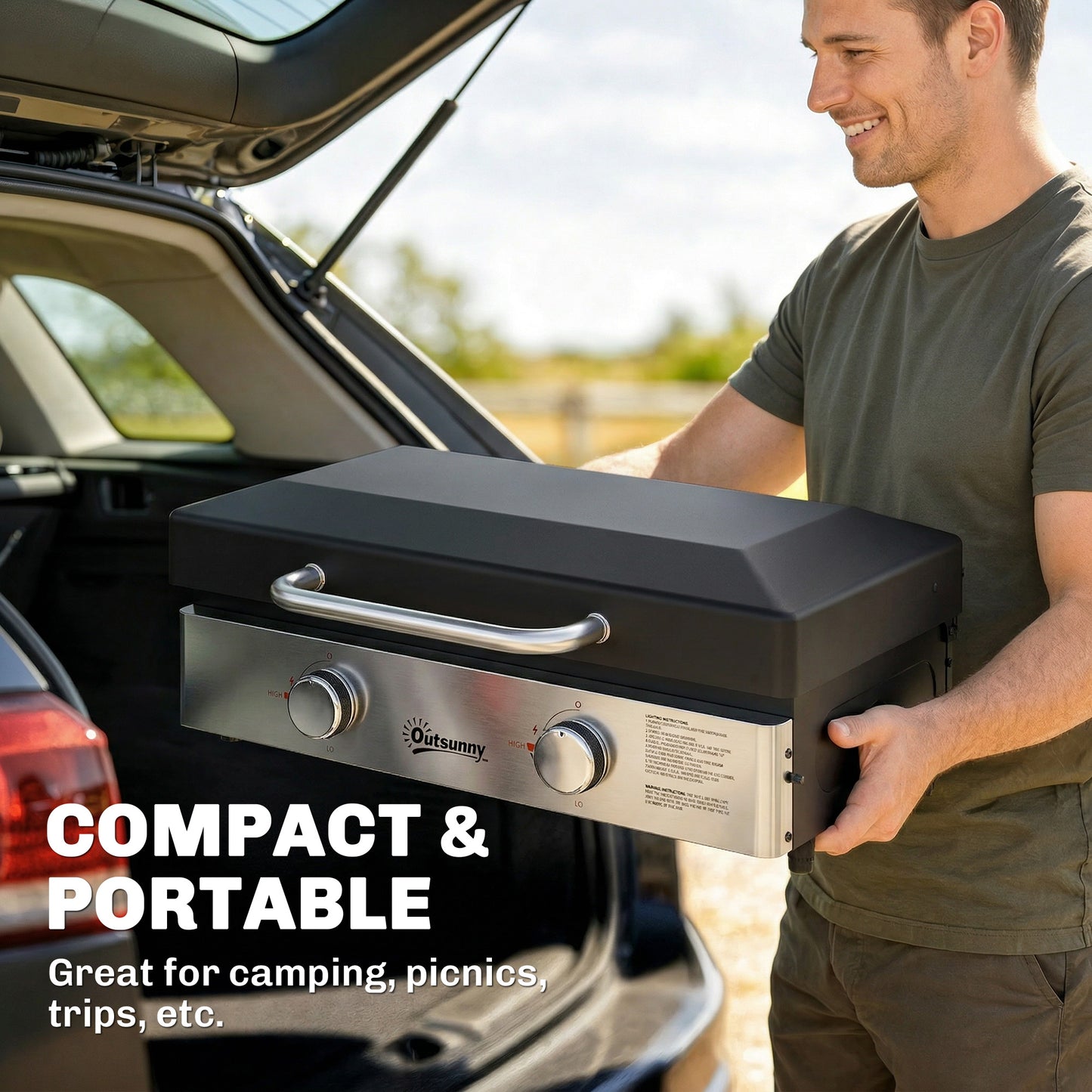 Outsunny 2 Burner Grill Griddle Portable Gas Plancha 6 kW Tabletop BBQ With Grease Cup For Camping Picnic Patios Black