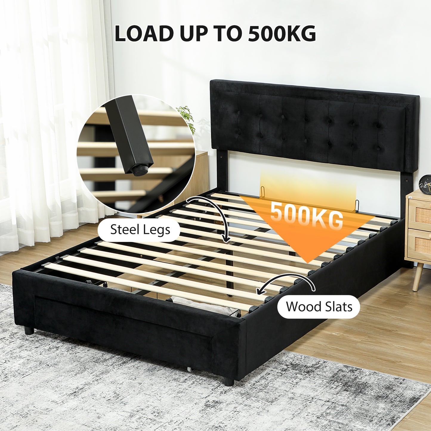 HOMCOM King Ottoman Bed Frame With Storage Drawer Gas Lift And Adjustable Upholstered Headboard Black 5ft
