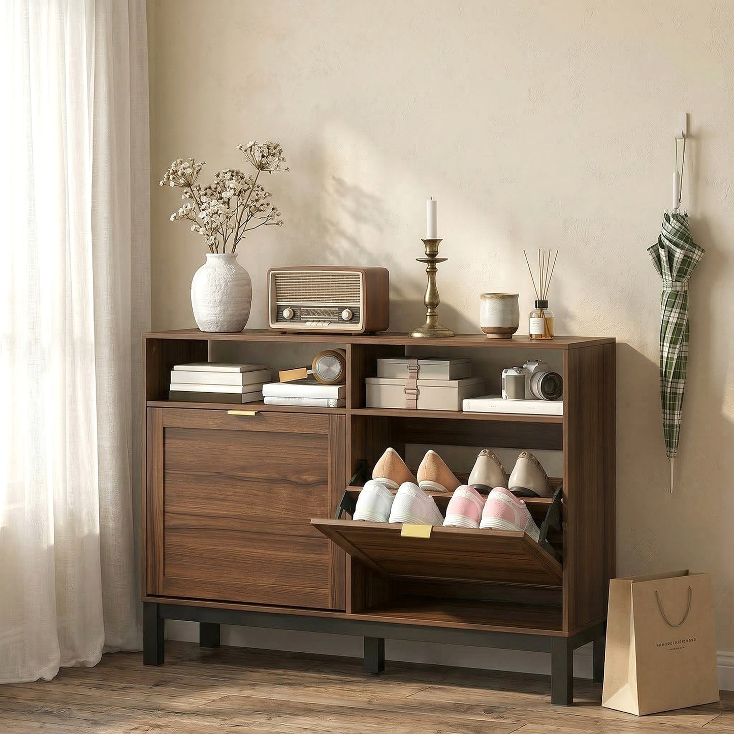HOMCOM Narrow Shoe Cabinet With Two Flip Drawers Rustic Brown Entryway Hallway Shoe Storage