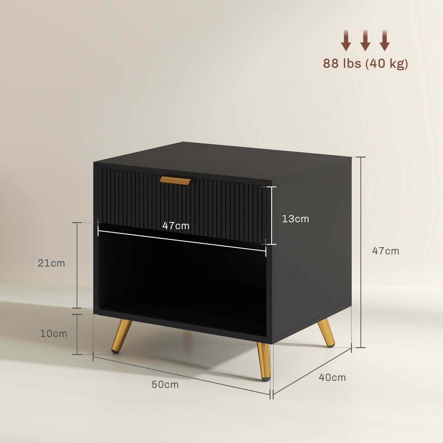 HOMCOM Elegant Bedside Table Set of 2 With Drawer and Shelf Black Gold Tone Finish