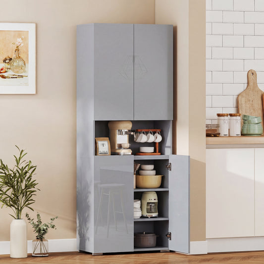 HOMCOM 180 Cm Tall Kitchen Cupboard Pantry Storage Cabinet With Soft Close Doors And Adjustable Shelves High Gloss Grey