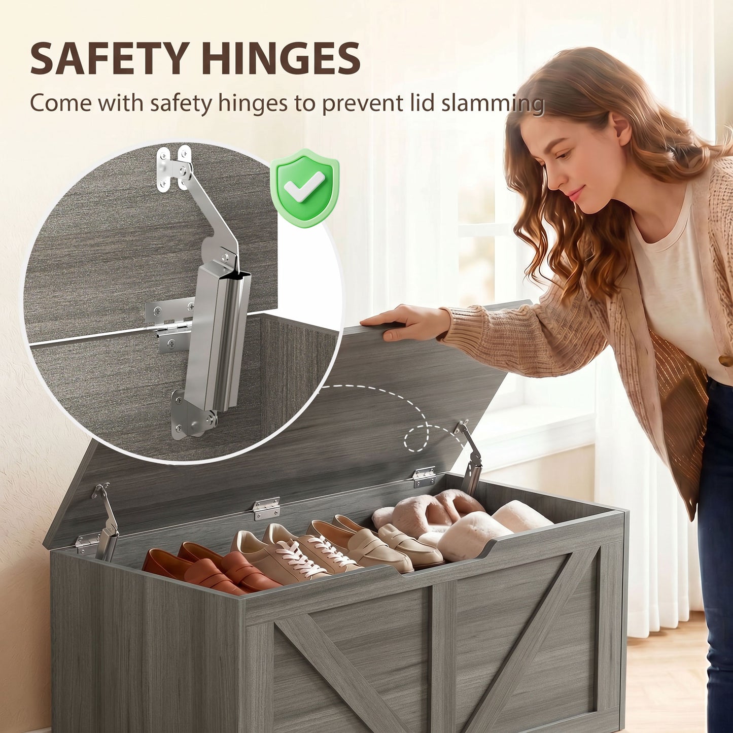 HOMCOM 127L Storage Chest With Safety Hinges And Seat Dark Grey Wood Effect For Living Room Or Bedroom
