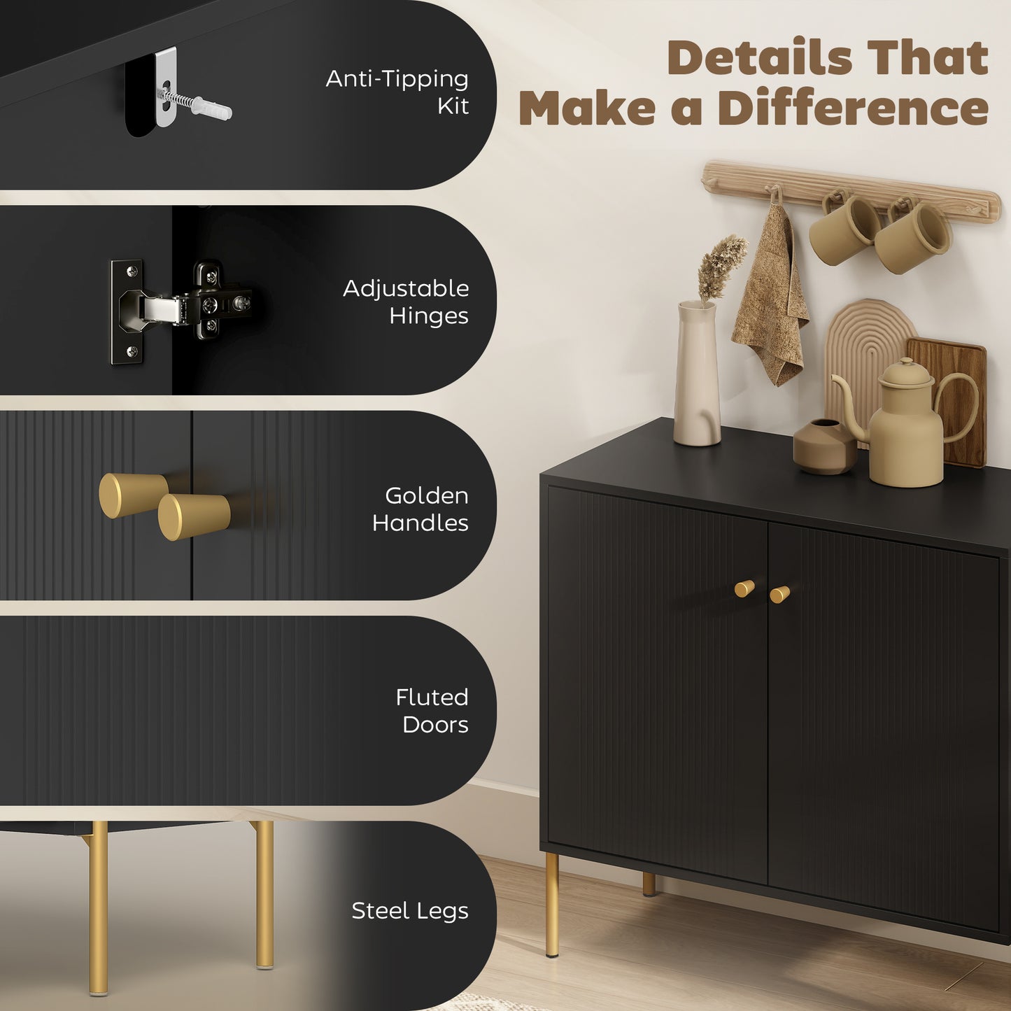 HOMCOM Sideboard Buffet Cabinet With Fluted Doors And Adjustable Shelf Black Coffee Bar Storage