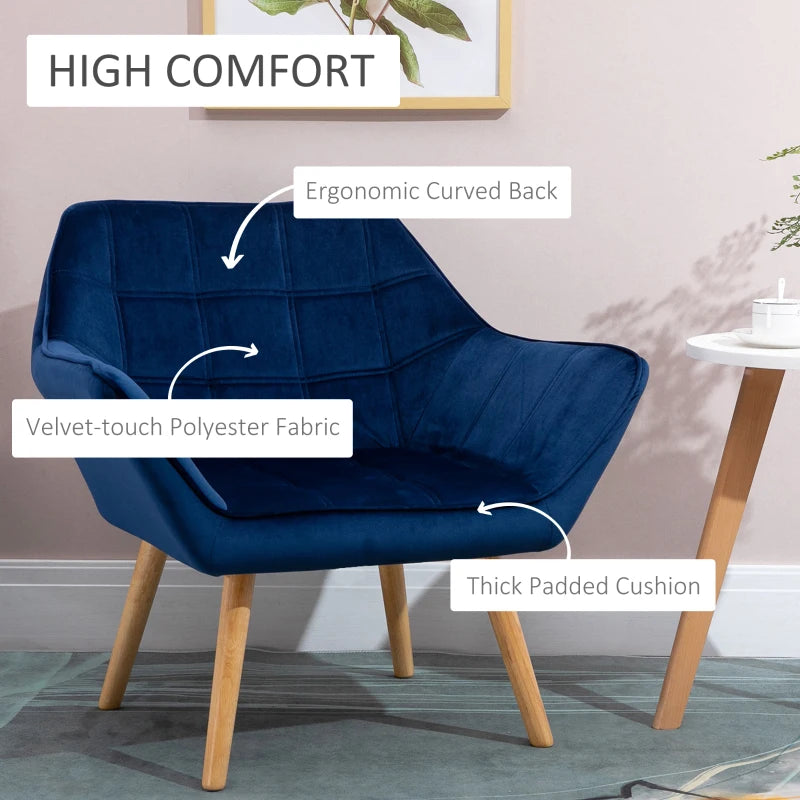 HOMCOM Set of 2 Modern Armchairs with Wide Arms, Slanted Back, Rubber Wood Legs - Blue | Stylish Accent Chairs for Living Room, Bedroom, Home Office - ALL4U RETAILER LTD