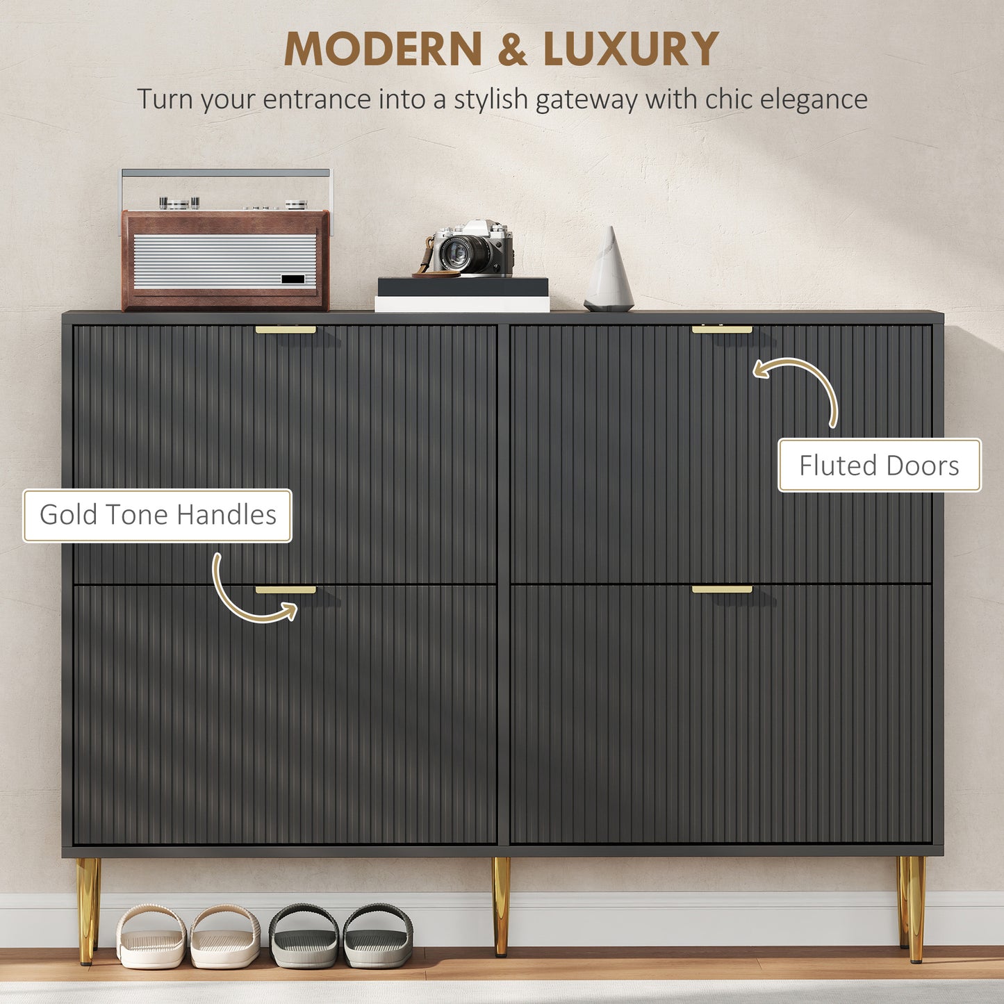 HOMCOM Elegant Four-Drawer White Shoe Cabinet With Adjustable Shelves Holds 10-20 Pairs And Gold-Colored Details
