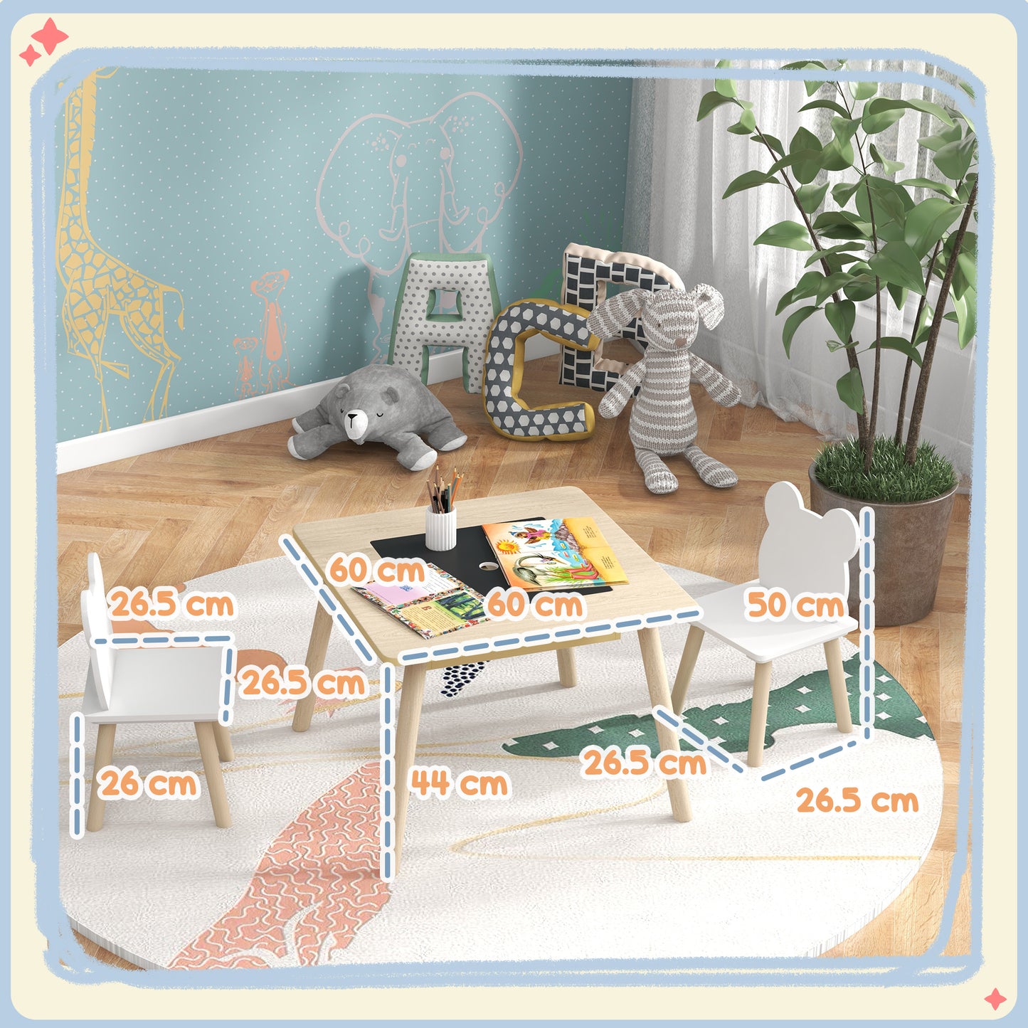 AIYAPLAY 3 Piece Kids Table And Chairs Set With Convertible Desk And Storage Grid For Nursery And Playroom