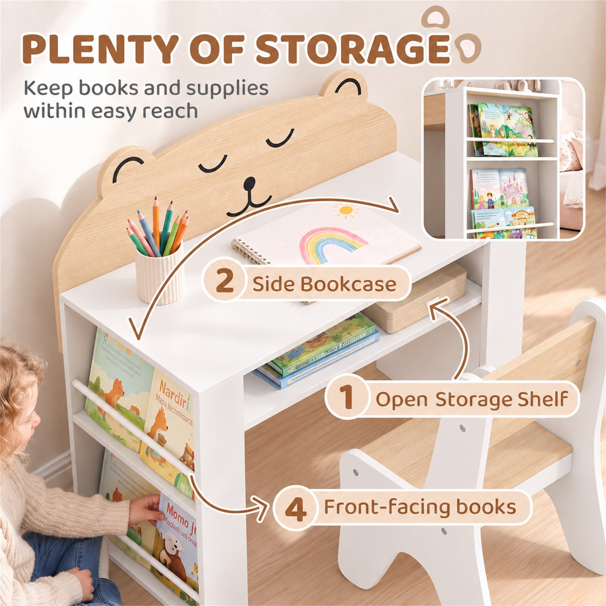 Bear-themed kids table with side bookcase, open storage shelves, and matching chair