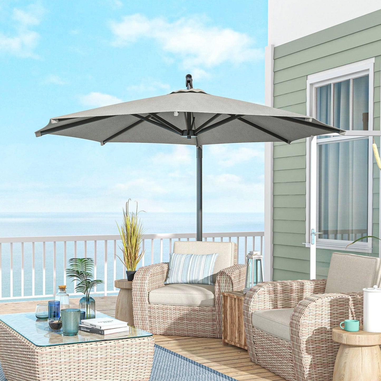 Outsunny 3 m Cantilever Banana Parasol with Cross Base, 360Â° Rotation Patio Umbrella with Crank Handle, Tilt, Beige - ALL4U RETAILER LTD