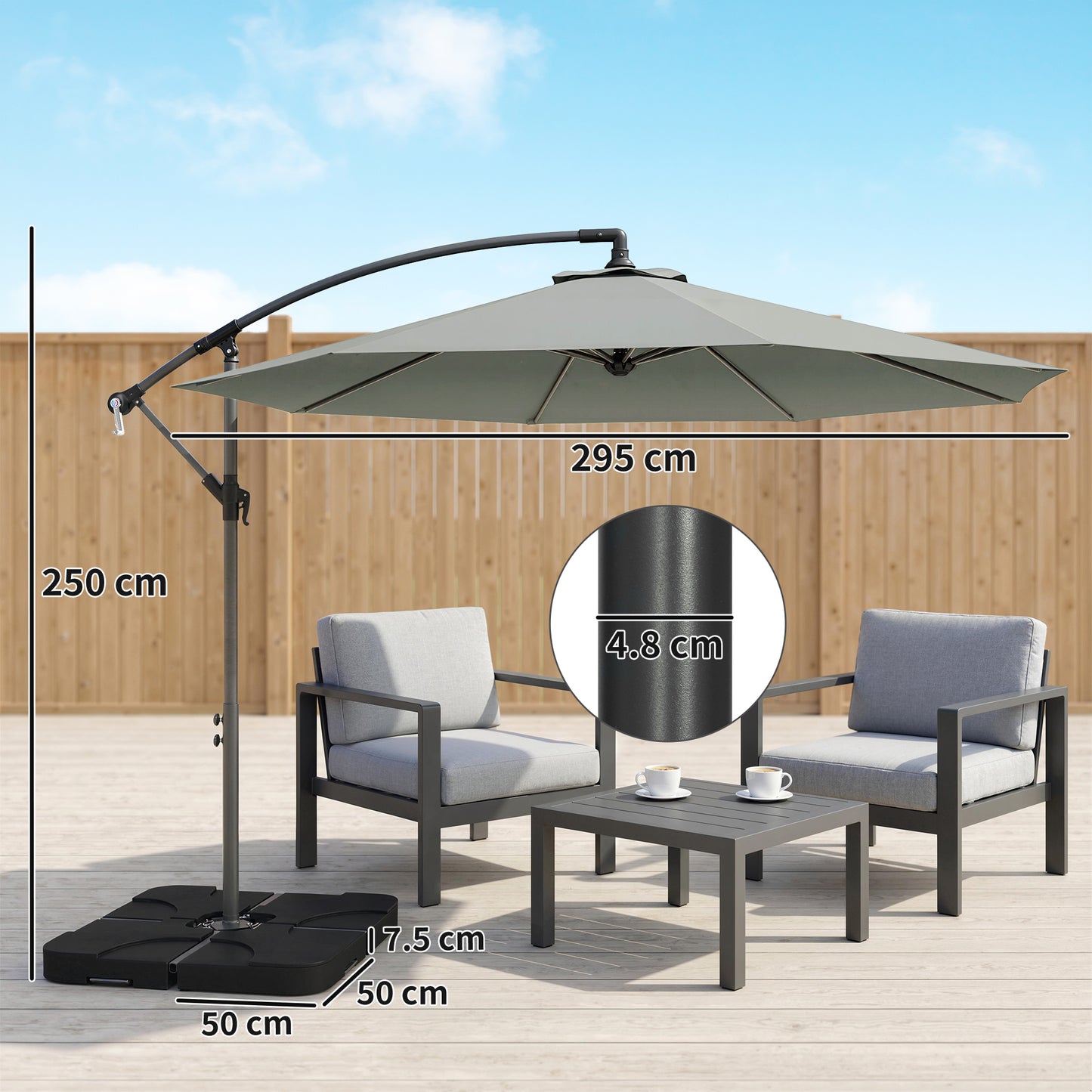 Outsunny 3m Overhanging Cantilever Parasol With Base Weights And Cover In Light Grey