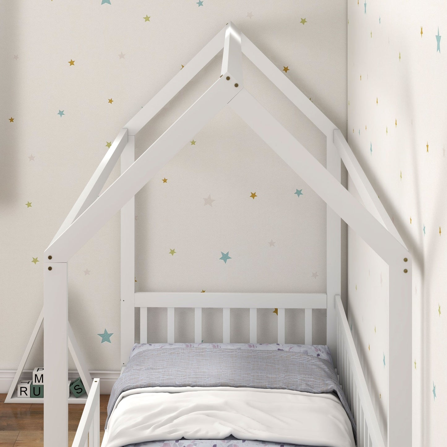 HOMCOM House Shaped Kids Bed Frame With Guard Rails In Solid Pine Wood Ideal Single Bed For Boys And Girls