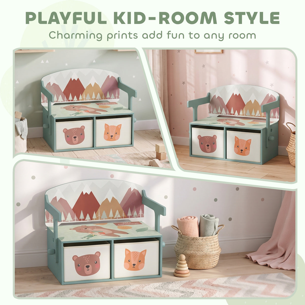 Woodland-themed kids play table and bench with storage drawers, green frame