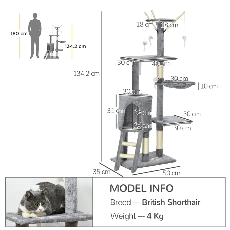 PawHut Cat Scratching Post Cat Tree Climbing Tower with Ladder, Kitty Activity Centre, 135cm Grey - Indoor Cats Scratcher - ALL4U RETAILER LTD