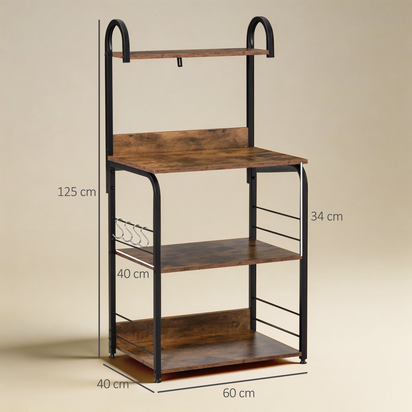 HOMCOM 4 Tier Baker Rack Microwave Stand With 4 Hooks Kitchen Storage Unit For Spices Pots And Pans Rustic Brown