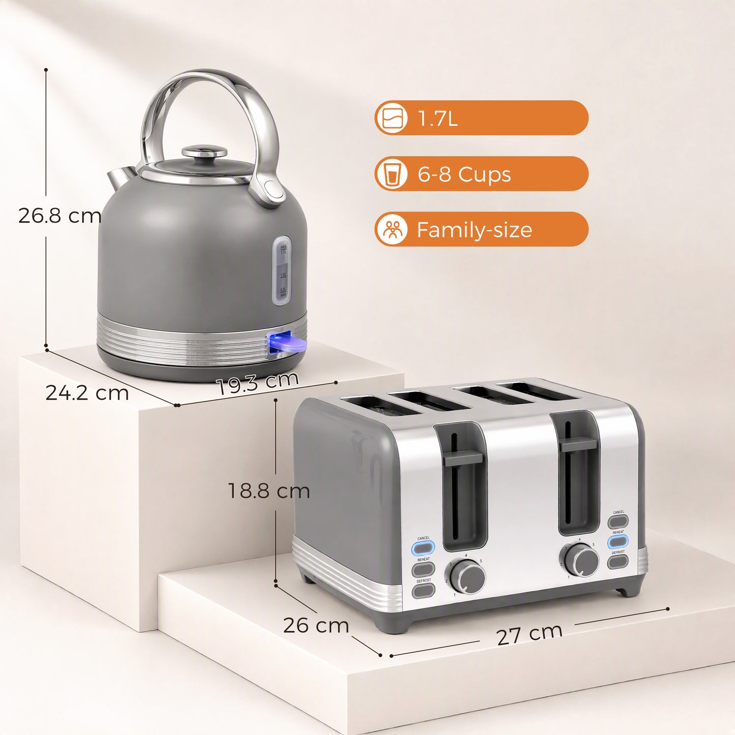 HOMCOM Grey Kettle And Toaster Set 1.7L Fast Boil 3000W 4 Slice Cordless Stainless