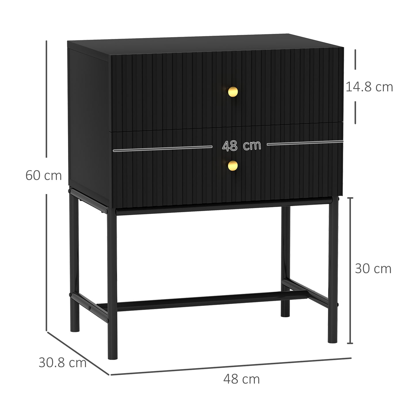 HOMCOM Elegant Two Drawer Bedside Table Black With Ridged Fronts And Gold Tone Handles Metal Base Nightstand