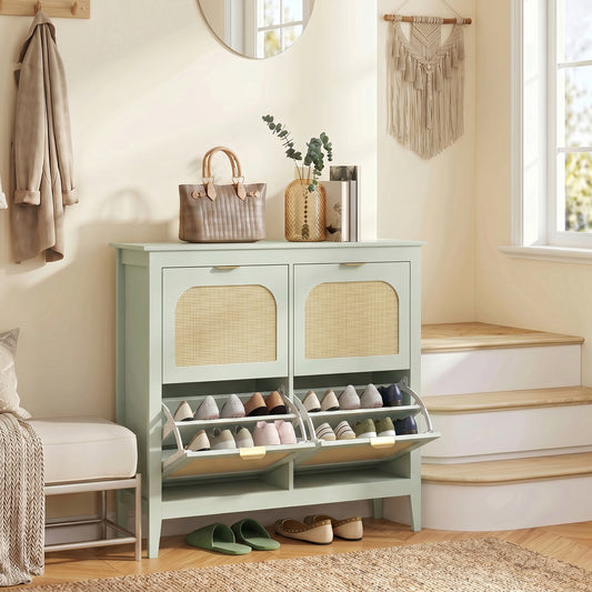 Light green narrow shoe cabinet with rattan flip drawers and open shoe rack shelves.