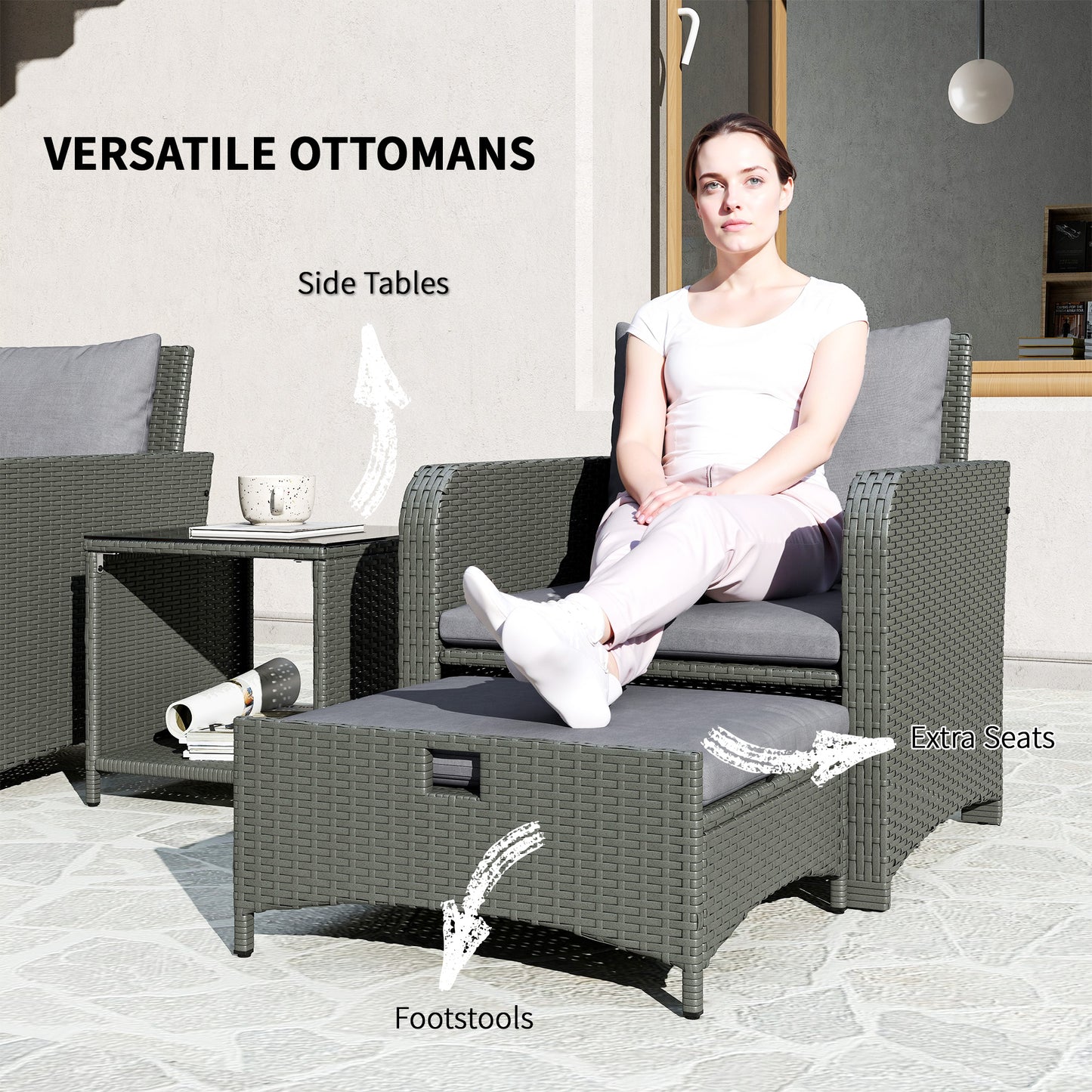 Outsunny Five Piece Rattan Outdoor Garden Furniture Set With Two Tier Coffee Table And Ottomans Grey