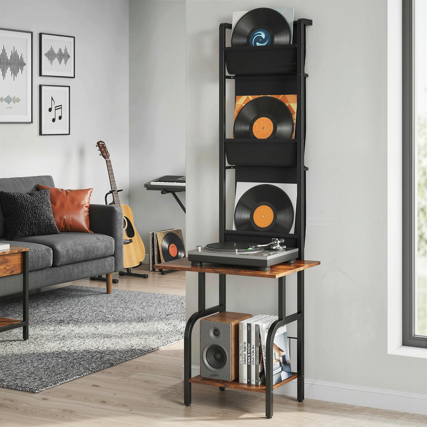 HOMCOM Vertical Vinyl Record Player Stand With Oxford Fabric Pockets Storage And Bottom Shelf Rustic Brown And Black