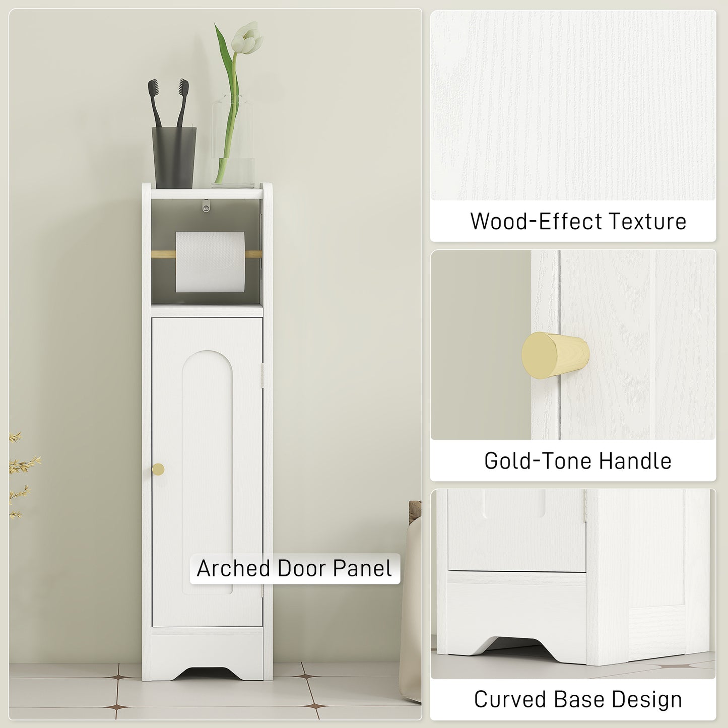 HOMCOM Slim White Bathroom Storage Cabinet With Toilet Roll Holder And Adjustable Shelf Two Tier