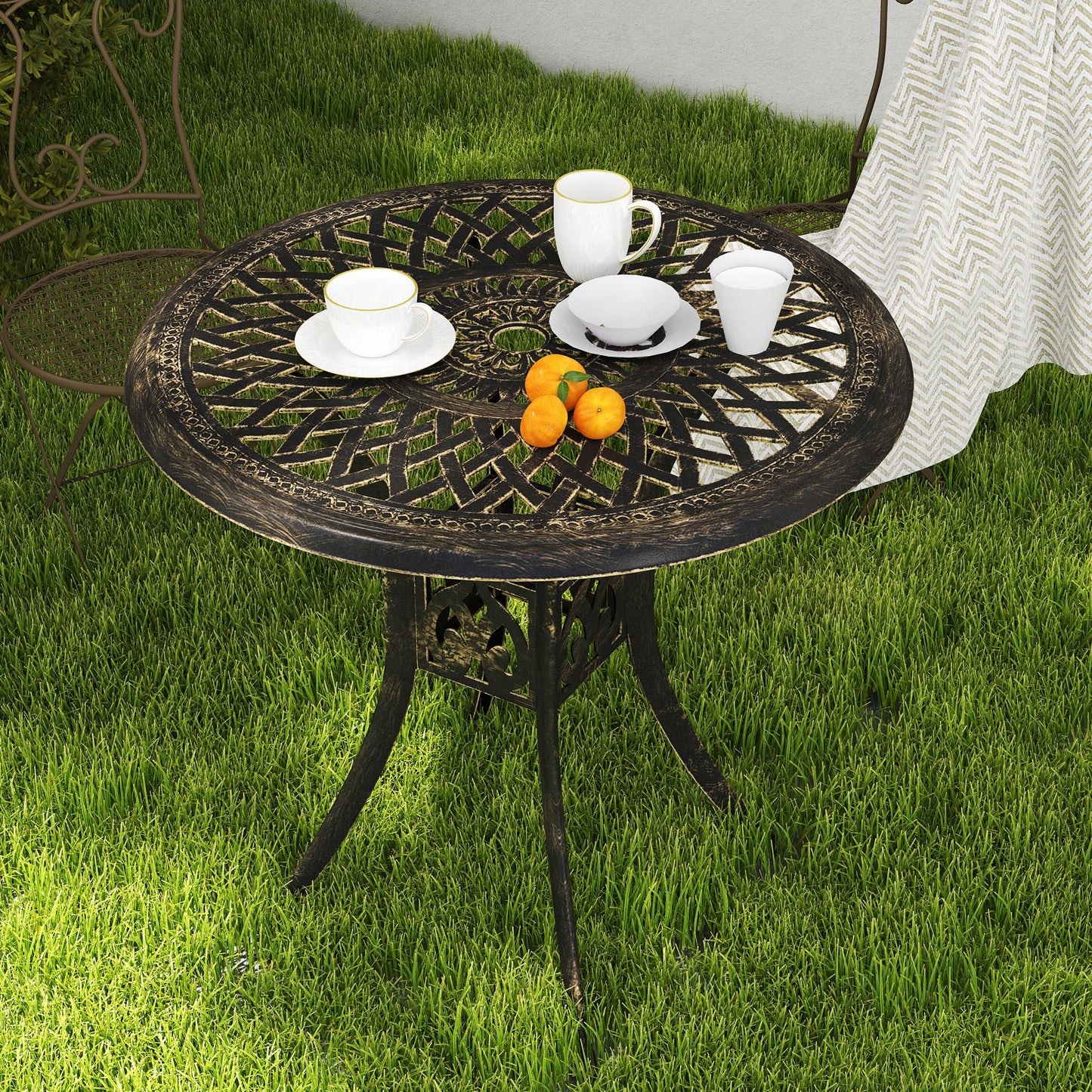 Outsunny 78 Cm Round Garden Dining Table With Parasol Hole Antique Cast Aluminium Bronze Tone Outdoor Table