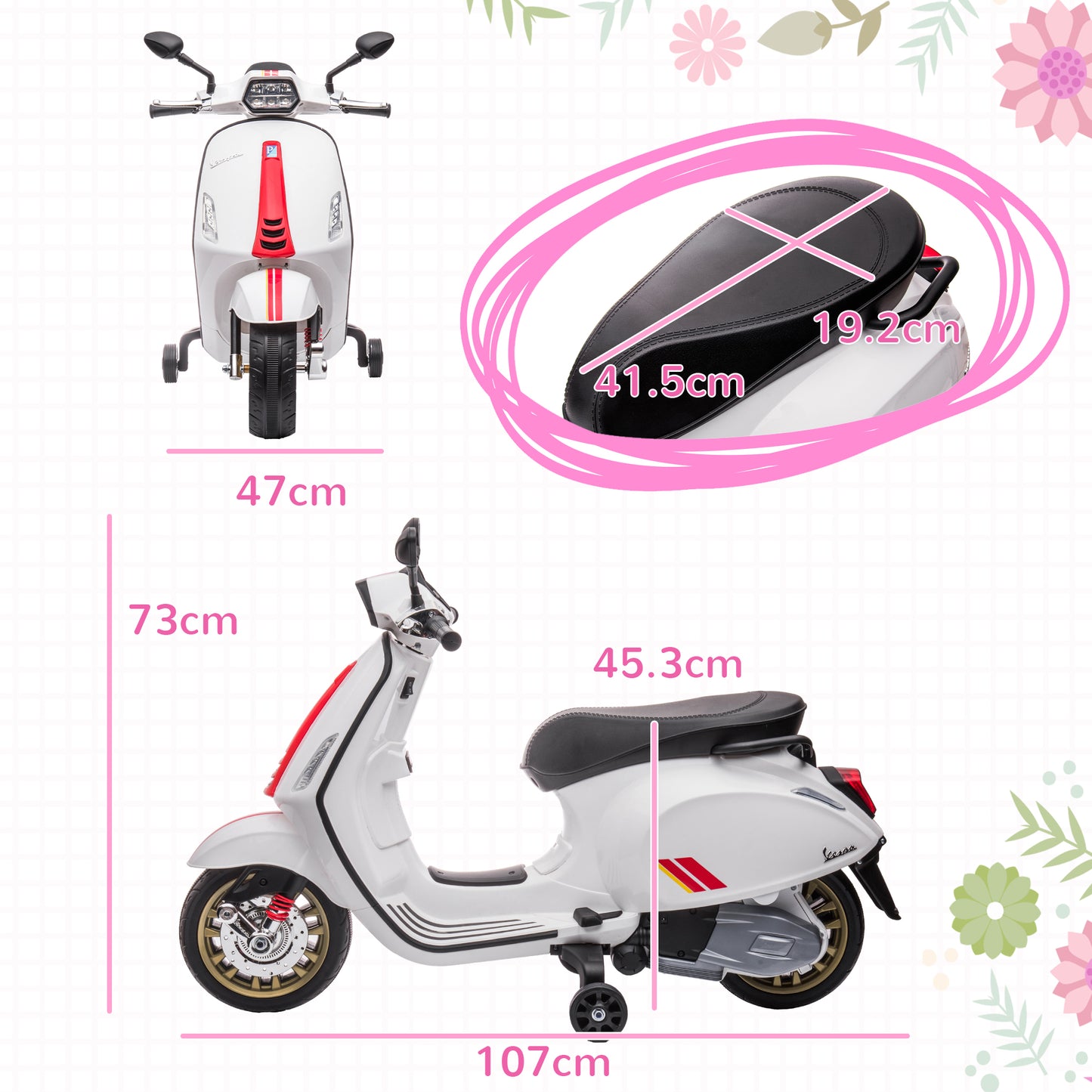 AIYAPLAY Vespa-Inspired 12V Kids Electric Motorbike with Music and Headlights - White, for Ages 3-6 - ALL4U RETAILER LTD