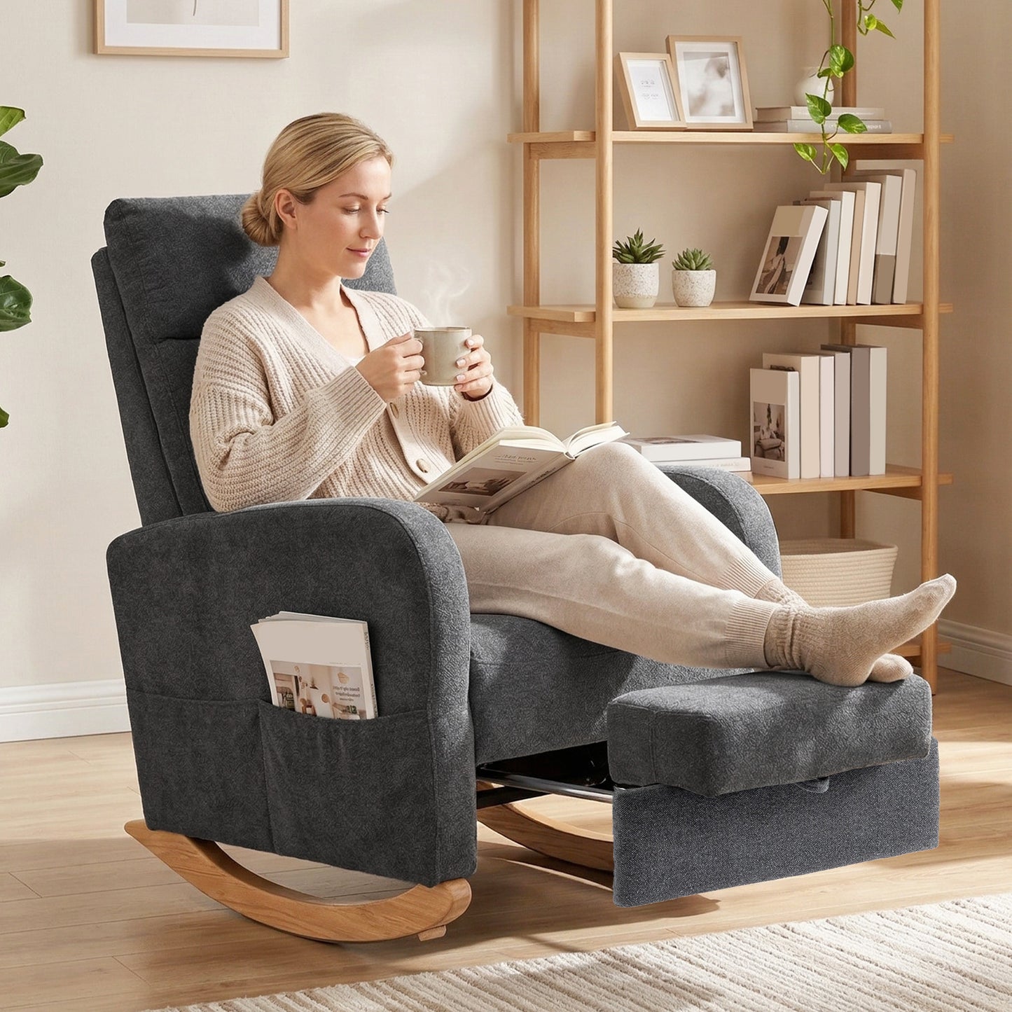 HOMCOM Upholstered Rocking Chair With Retractable Footrest High Back For Living Room Grey