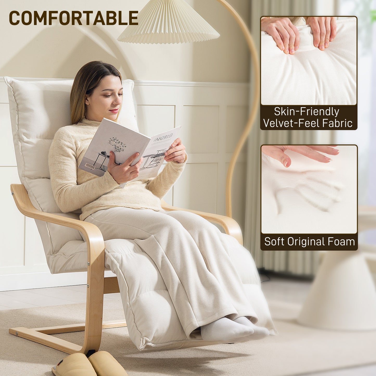 HOMCOM Curved Wooden Accent Chair with Adjustable Footrest Cream White Velvet Seat Birch Wood Frame Rocking