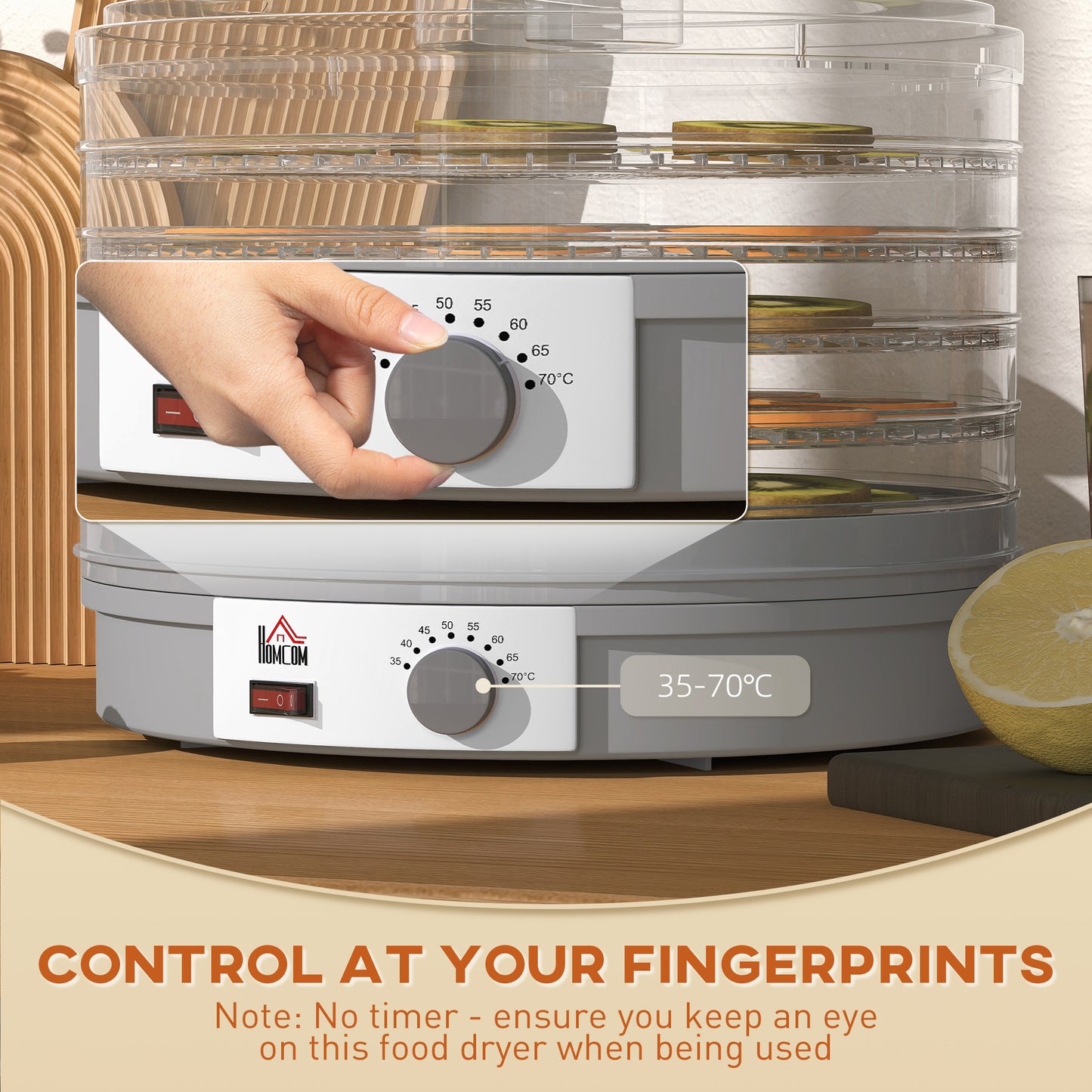 HOMCOM 5-Tier Food Dehydrator 245W With Adjustable Temperature 35 To 70 C For Fruit Meat Veg Jerky And Pet Treats Grey