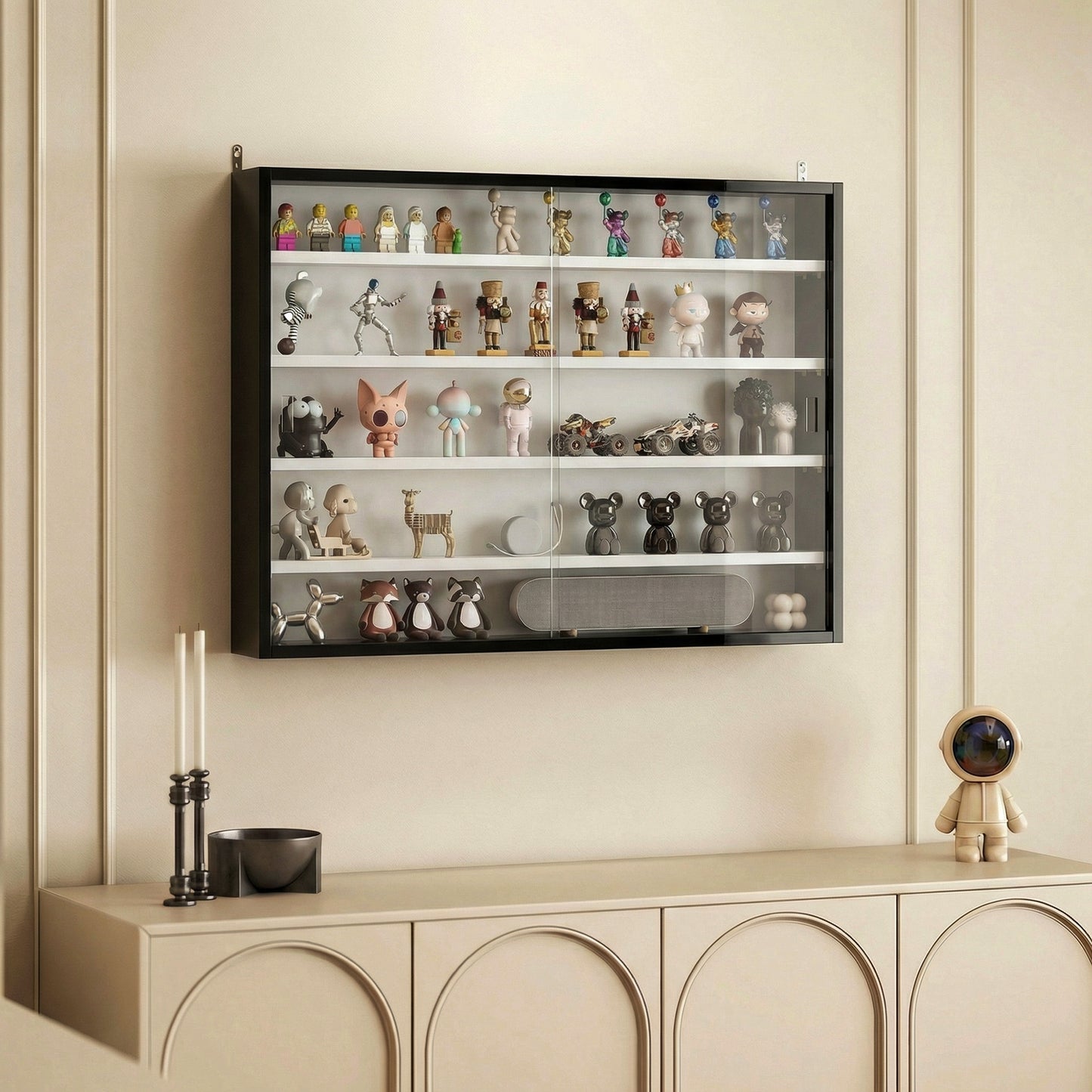 HOMCOM Five Tier Wall Display Cabinet With Glass Doors 60x80 cm Black And White Four Adjustable Shelves