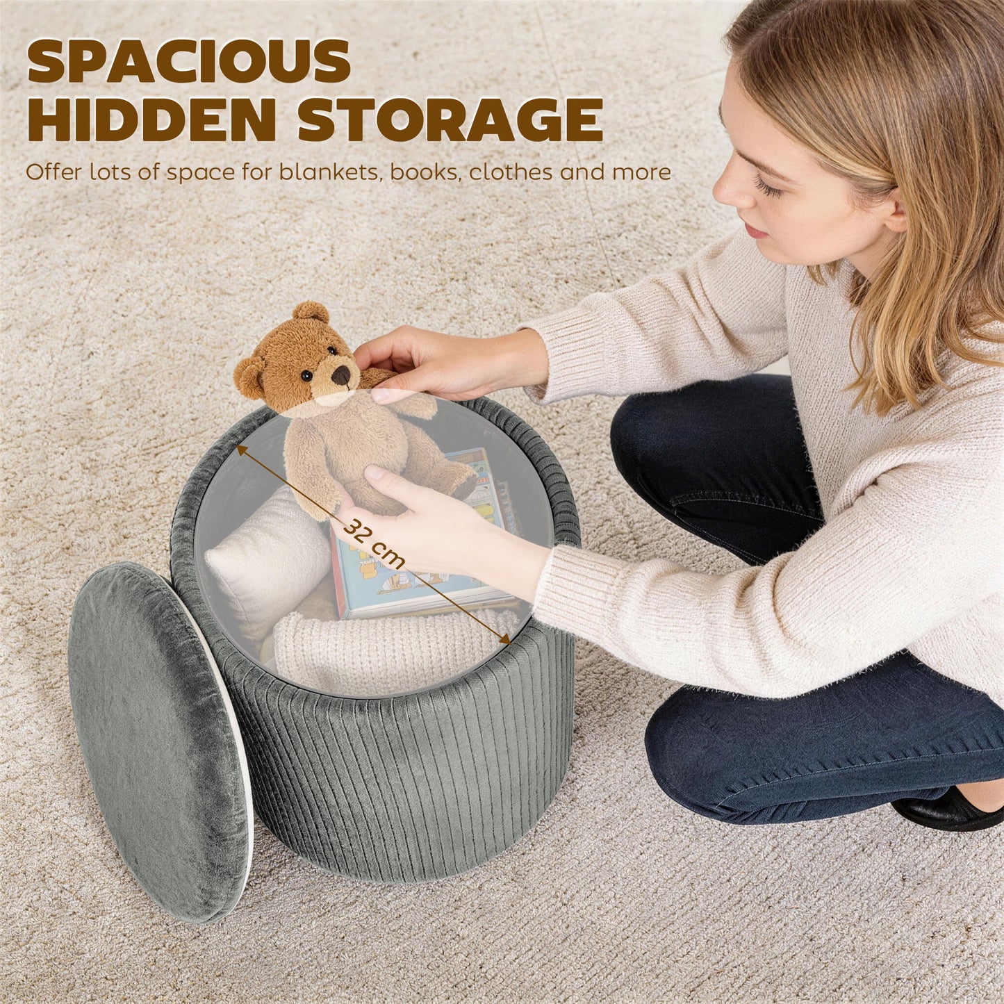 HOMCOM Velvet Round Storage Ottoman Foot Stool 45 cm Grey for Living Room and Bedroom