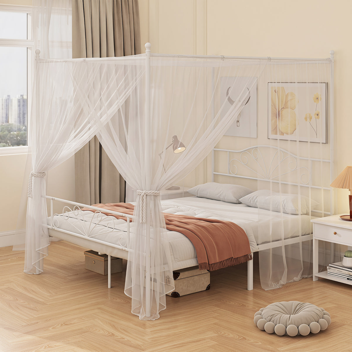 Homcom King Canopy Bed Frame Metal Platform White Steel Headboard Storage