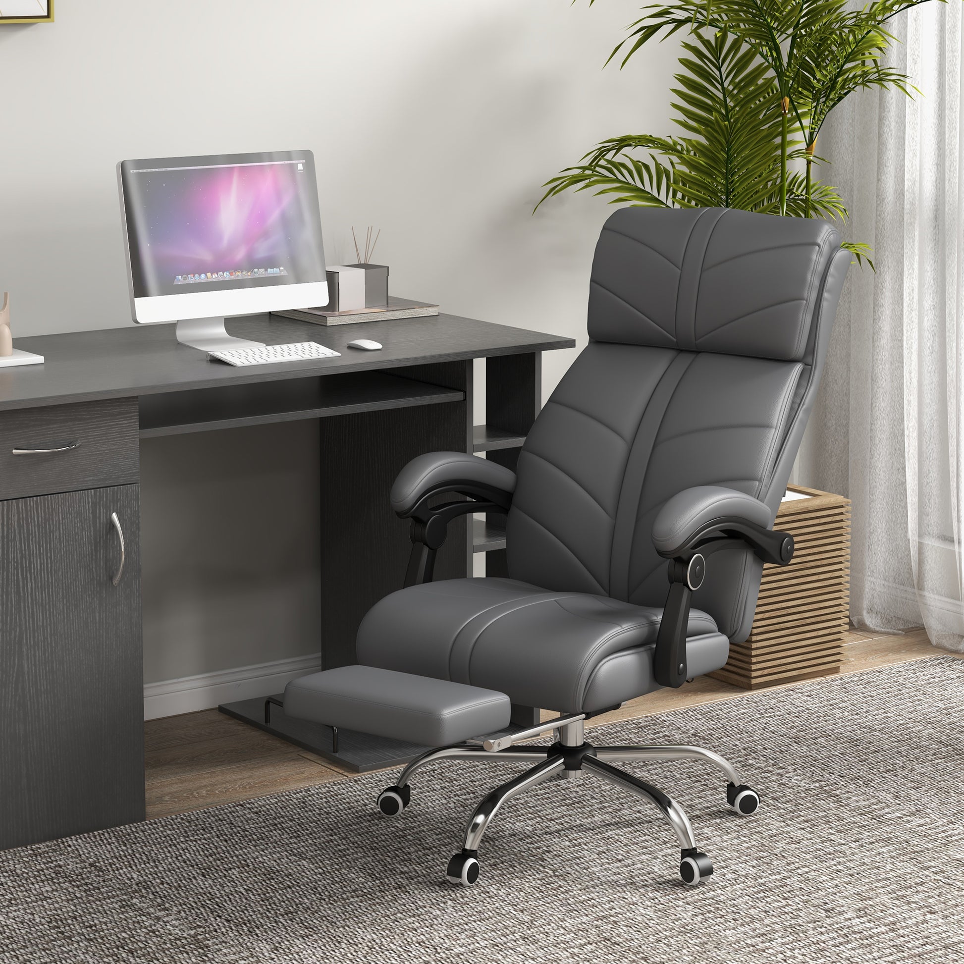 Vinsetto Heated Vibration Massage Computer Chair with Footrest and Reclining Feature in Grey PU Leather - ALL4U RETAILER LTD