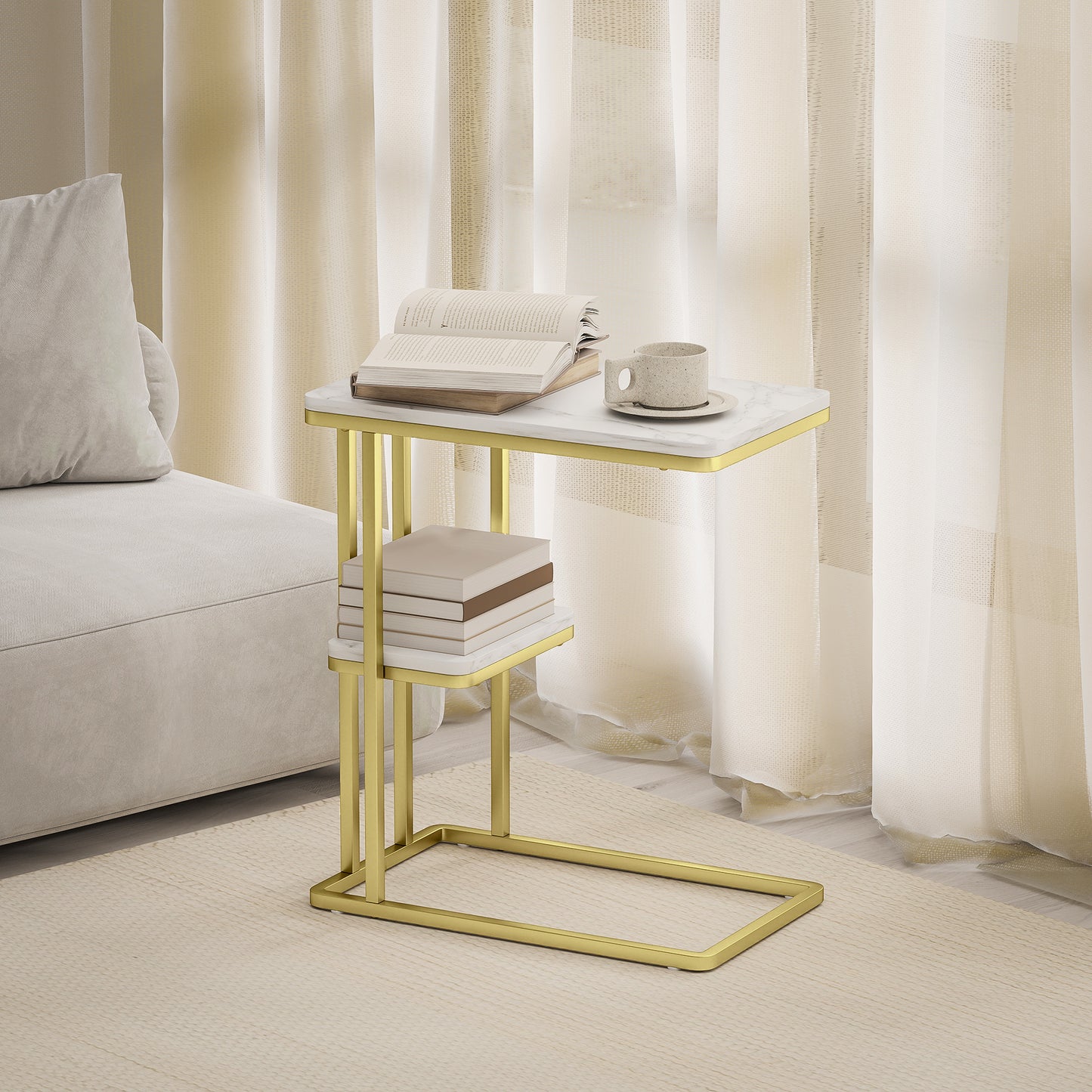 HOMCOM C Shaped Side Table 2 Tier End Table Nightstand for Small Spaces Living Room Bedroom White Marble