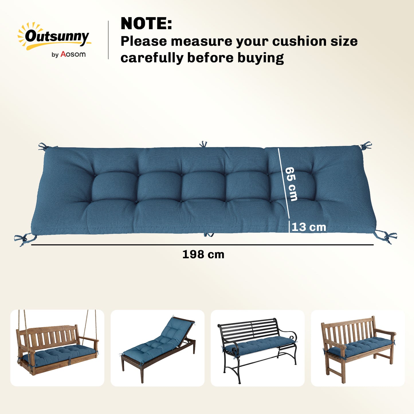 Outsunny Memory Foam Sun Lounger Cushion With Ties For 190 X 60 Cm Lounger Outdoor Blue Pad