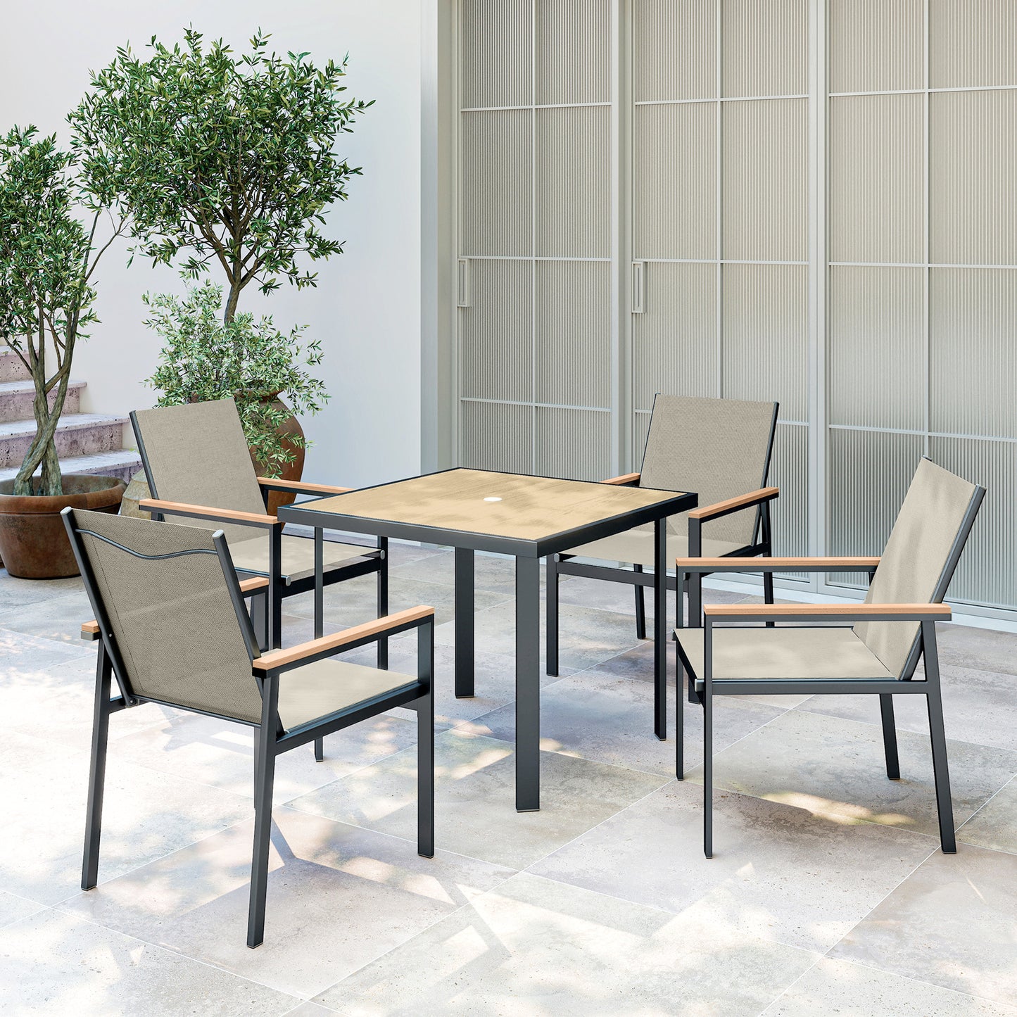 Outsunny Five Piece Metal Outdoor Dining Set With Glass Top Square Table In Khaki