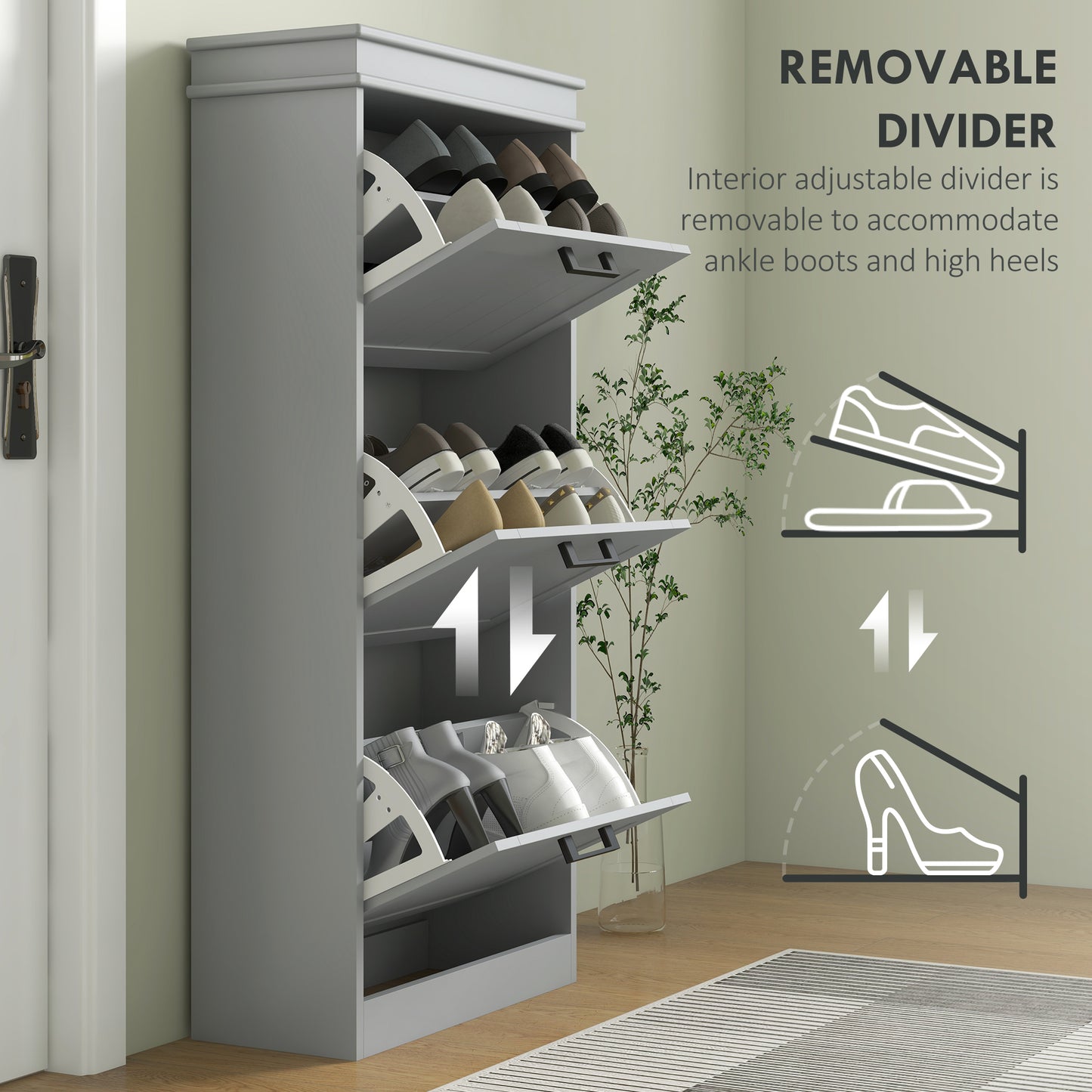 HOMCOM Three Drawer Minimalistic Shoe Cabinet Grey With Adjustable Shelves For 15 Pairs Of Shoes