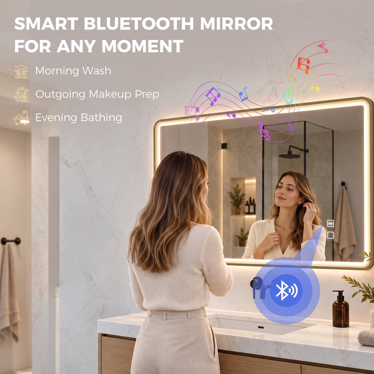 LED bathroom mirror with Bluetooth audio, glowing gold frame
