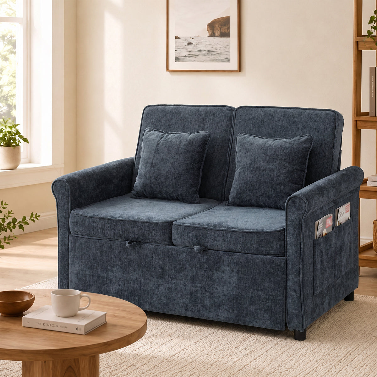 Dark blue chenille sofa bed with two back cushions and side arm panels