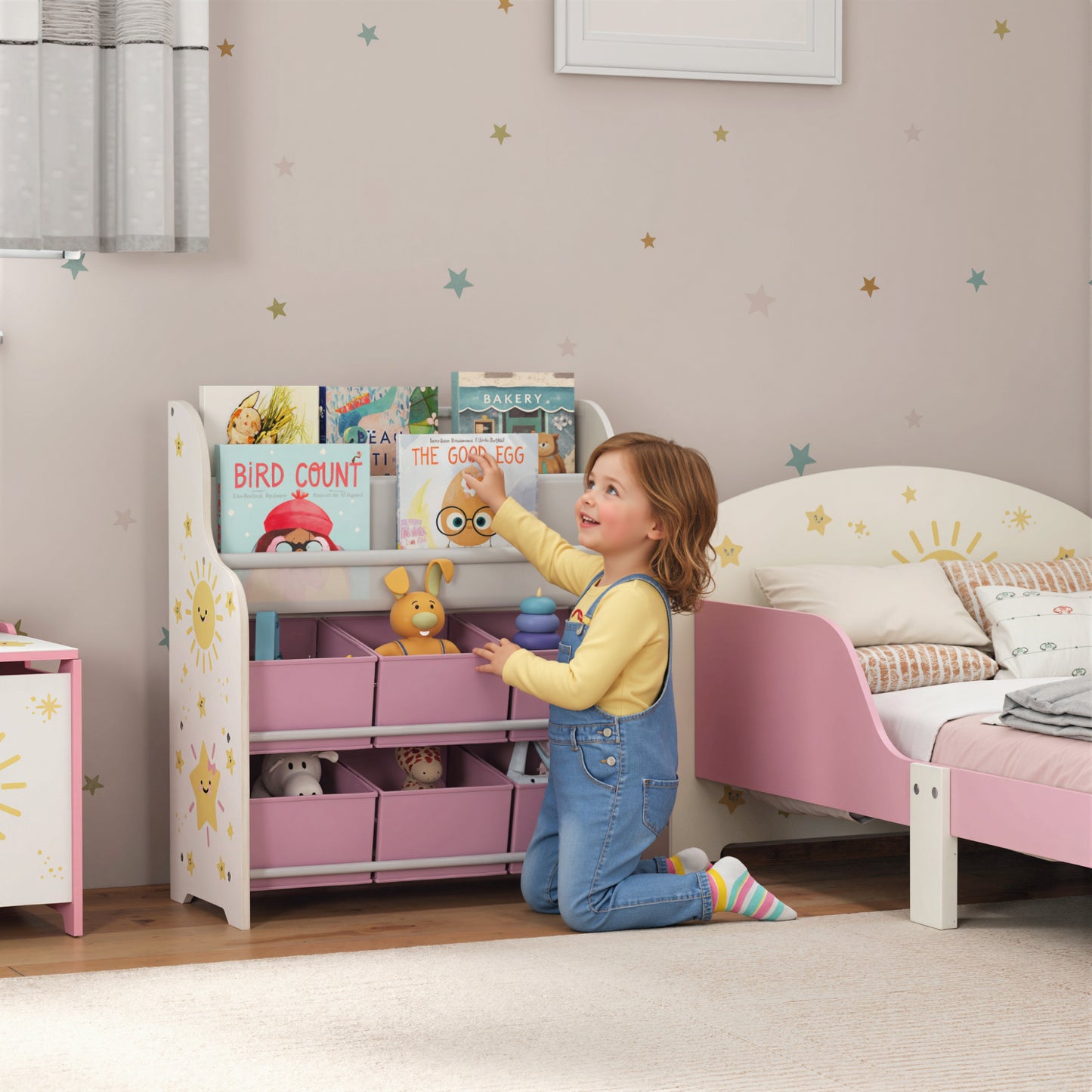 AIYAPLAY Kids Storage Unit Toy Organizer With Six Fabric Drawers And Two Tier Sling Book Rack Pink