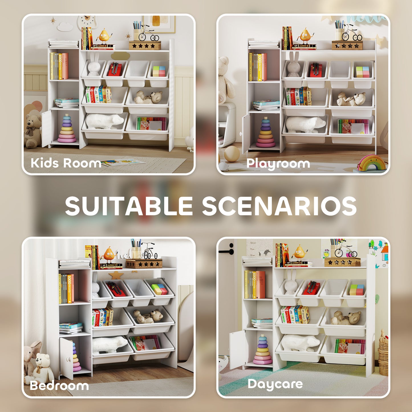 AIYAPLAY Toy Storage Unit With 8 Removable Bins And Shelves And Cabinet In White For Kids Bedrooms And Playrooms