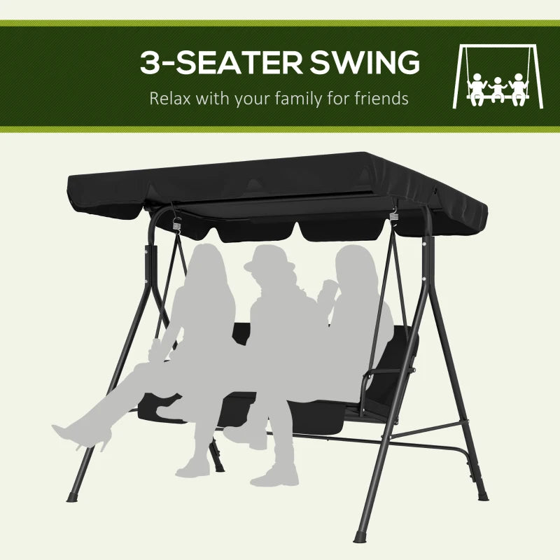 Outsunny 3-Seater Garden Swing Chair with Adjustable Canopy - Black | Weather-Resistant Outdoor Furniture for Relaxation and Comfort - ALL4U RETAILER LTD