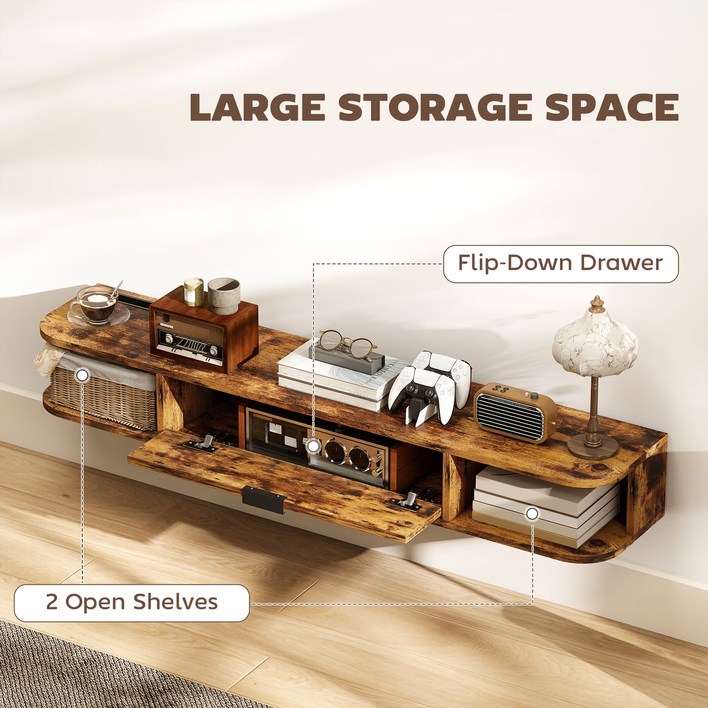HOMCOM 120 Cm Floating TV Unit for Up To 50 Inch TVs Rustic Brown Wall Mount Cabinet with Concealed Cables and Drawer